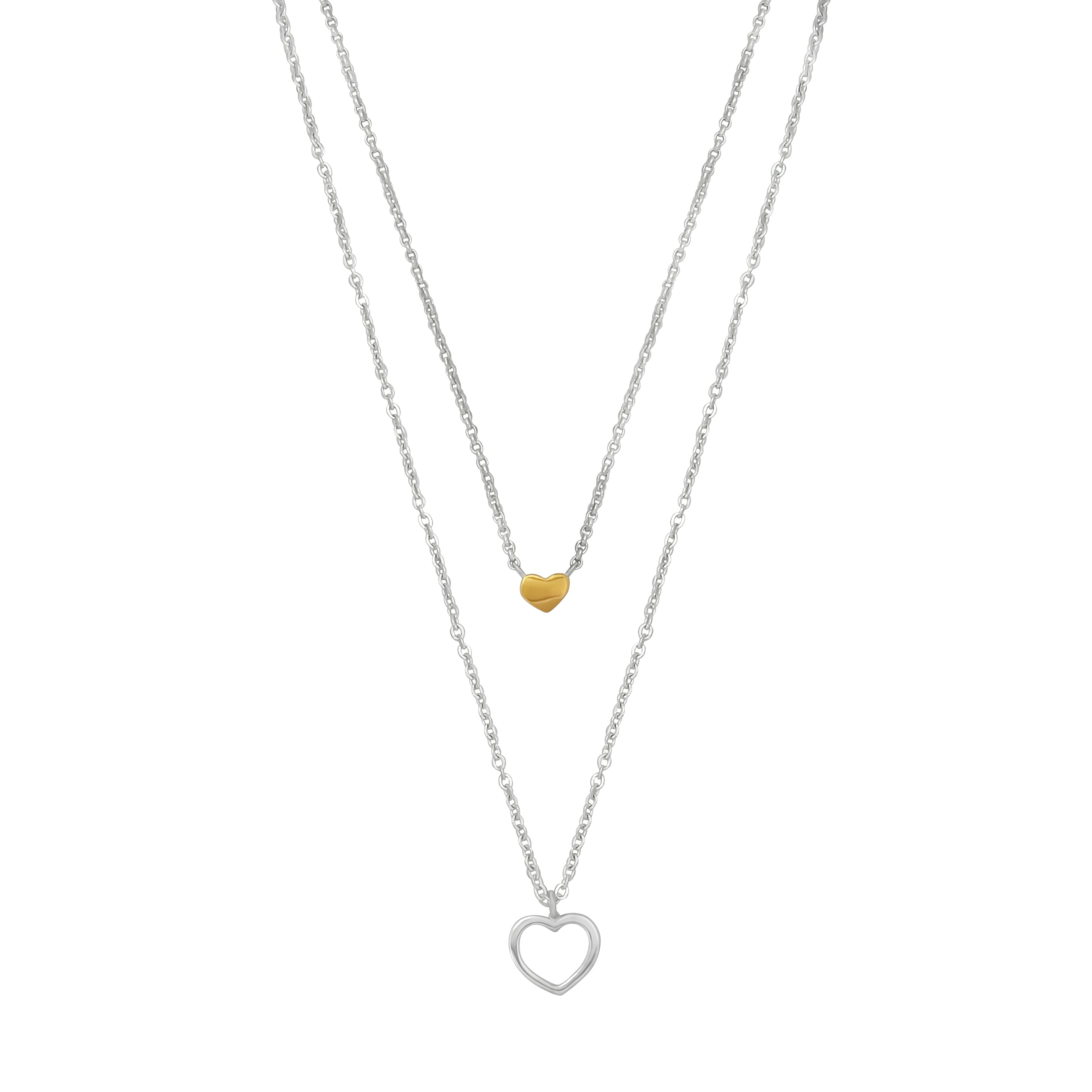CADENA CON 2 CORAZONES PLATA Y ORO