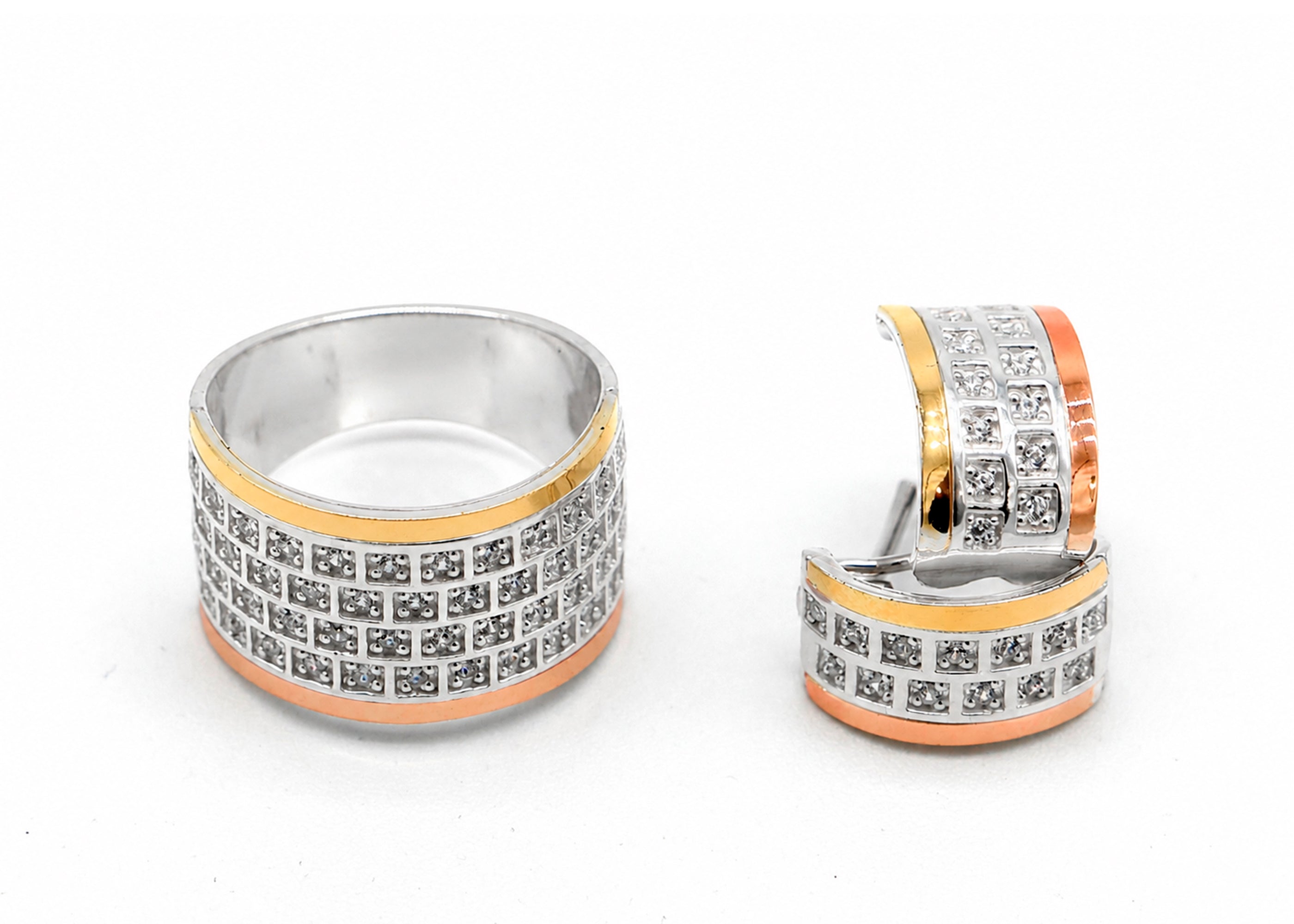 ANILLO FILAS DE CIRCONES PLATA Y ORO