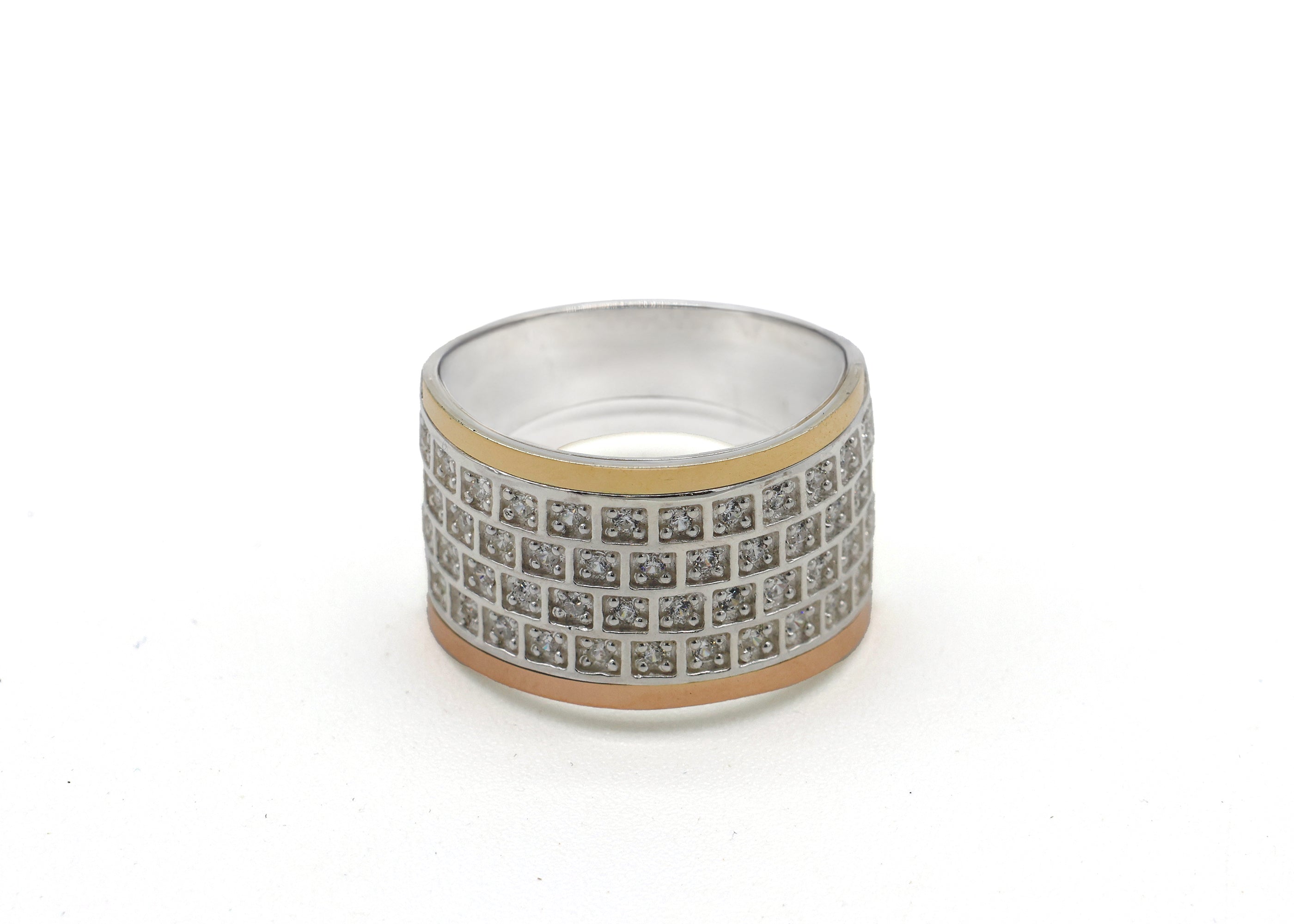 ANILLO FILAS DE CIRCONES PLATA Y ORO